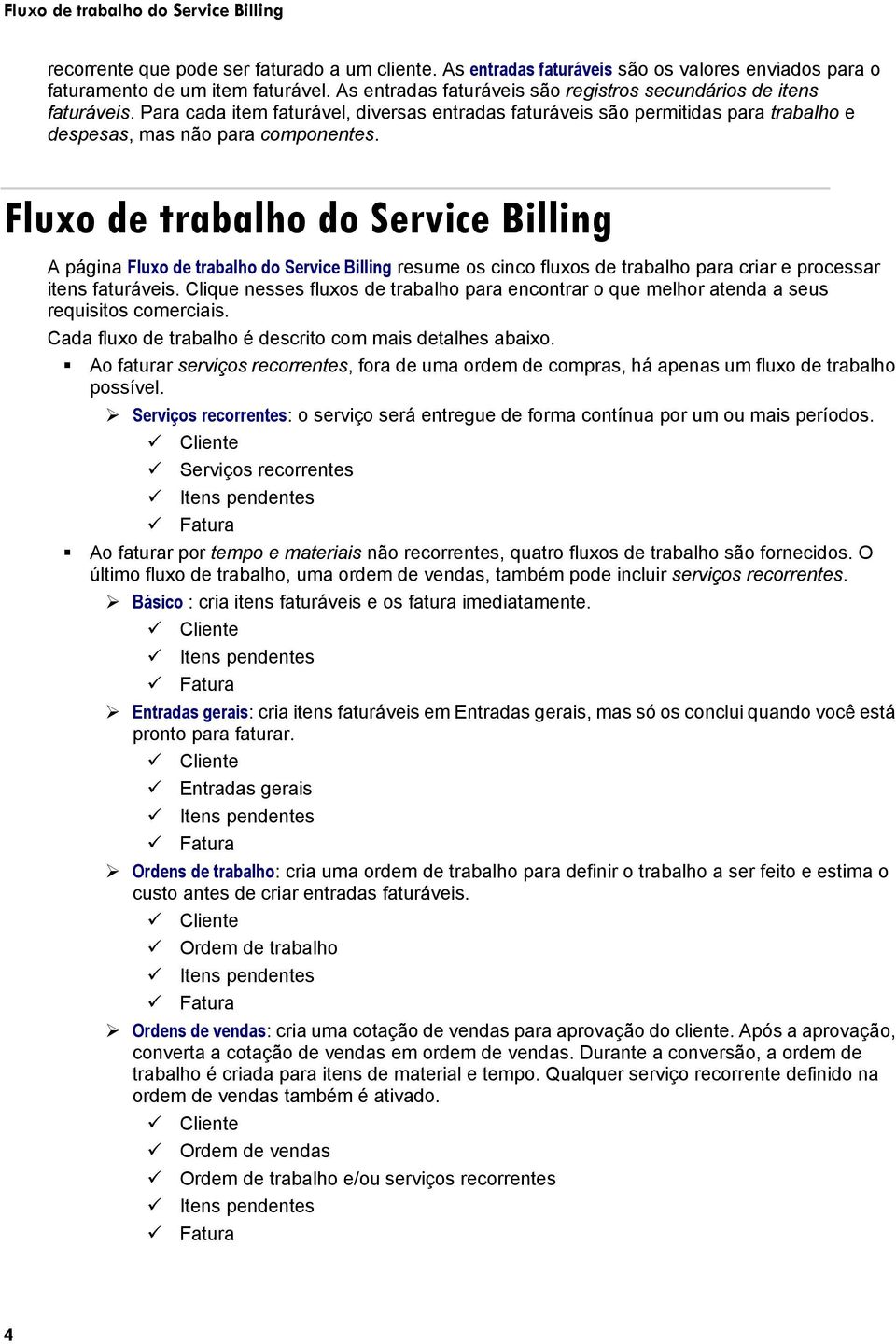 Fluxo de trabalho do Service Billing A página Fluxo de trabalho do Service Billing resume os cinco fluxos de trabalho para criar e processar itens faturáveis.