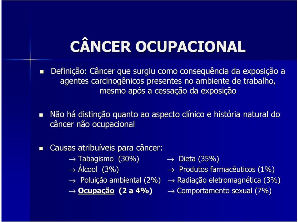 história natural do câncer não n o ocupacional Causas atribuíveis para câncer: c Tabagismo (30%) Dieta (35%) Álcool (3%)