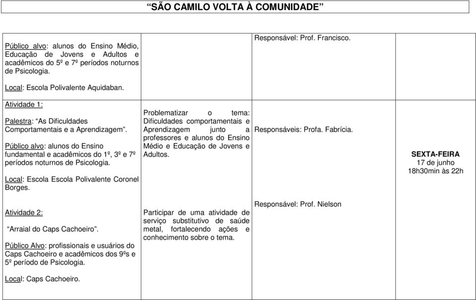 fundamental e acadêmicos do 1º, 3º e 7º períodos noturnos de Local: Escola Escola Polivalente Coronel Problematizar o tema: Dificuldades comportamentais e Aprendizagem junto a professores e alunos