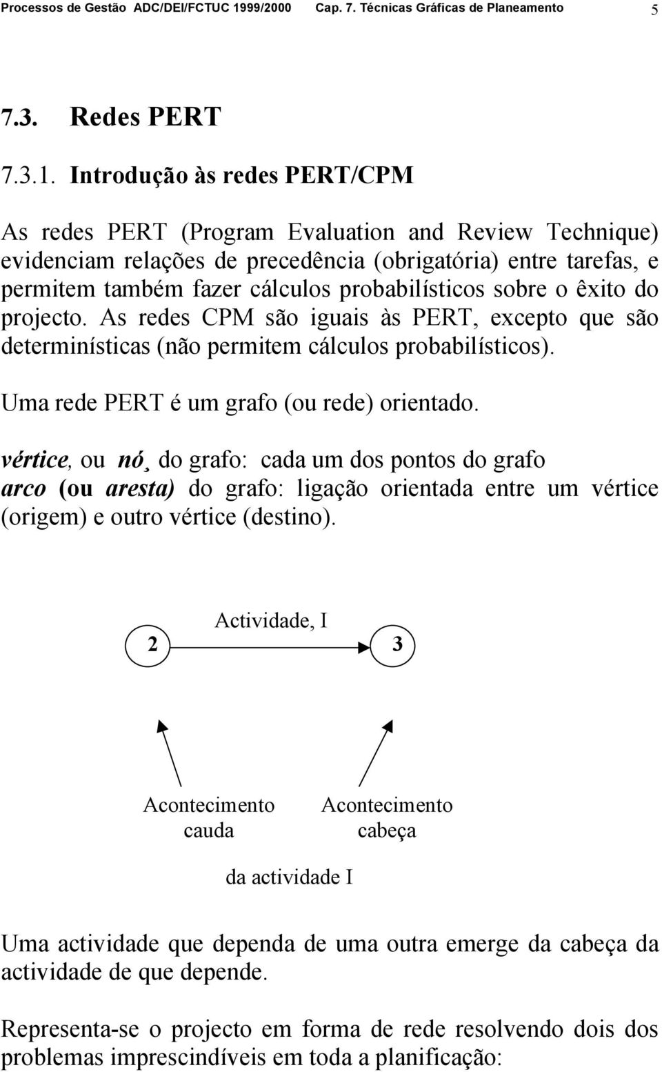 Introdução às redes PERT/CPM As redes PERT (Program Evaluation and Review Technique) evidenciam relações de precedência (obrigatória) entre tarefas, e permitem também fazer cálculos probabilísticos
