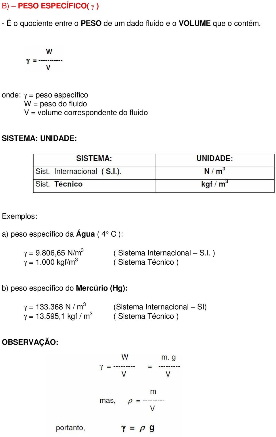 peso específico da Água ( 4C ): = 9.806,65 N/m 3 ( Sistema Internacional S.I. ) = 1.