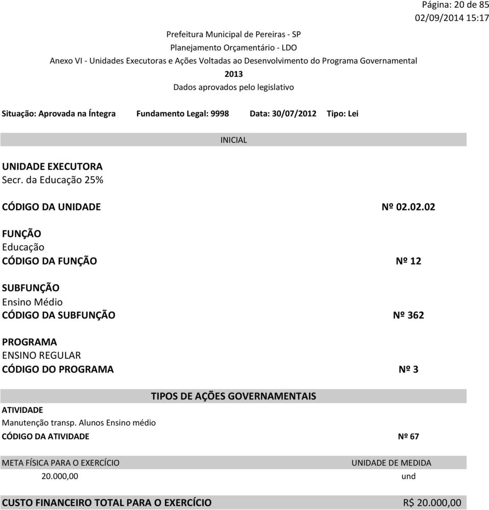 ENSINO REGULAR CÓDIGO DO Nº 3 Manutenção transp.