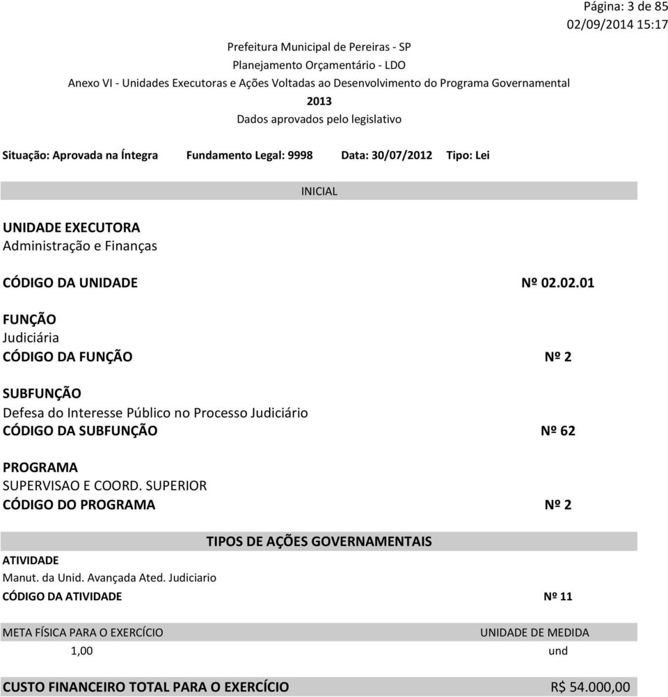 Judiciário CÓDIGO DA SUB Nº 62 SUPERVISAO E COORD. SUPERIOR CÓDIGO DO Nº 2 Manut.