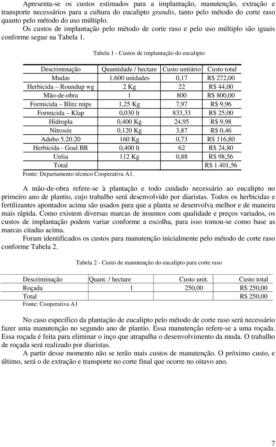Tabela 1 - Custos de implantação do eucalipto Descriminação Quantidade / hectare Custo unitário Custo total Mudas 1.