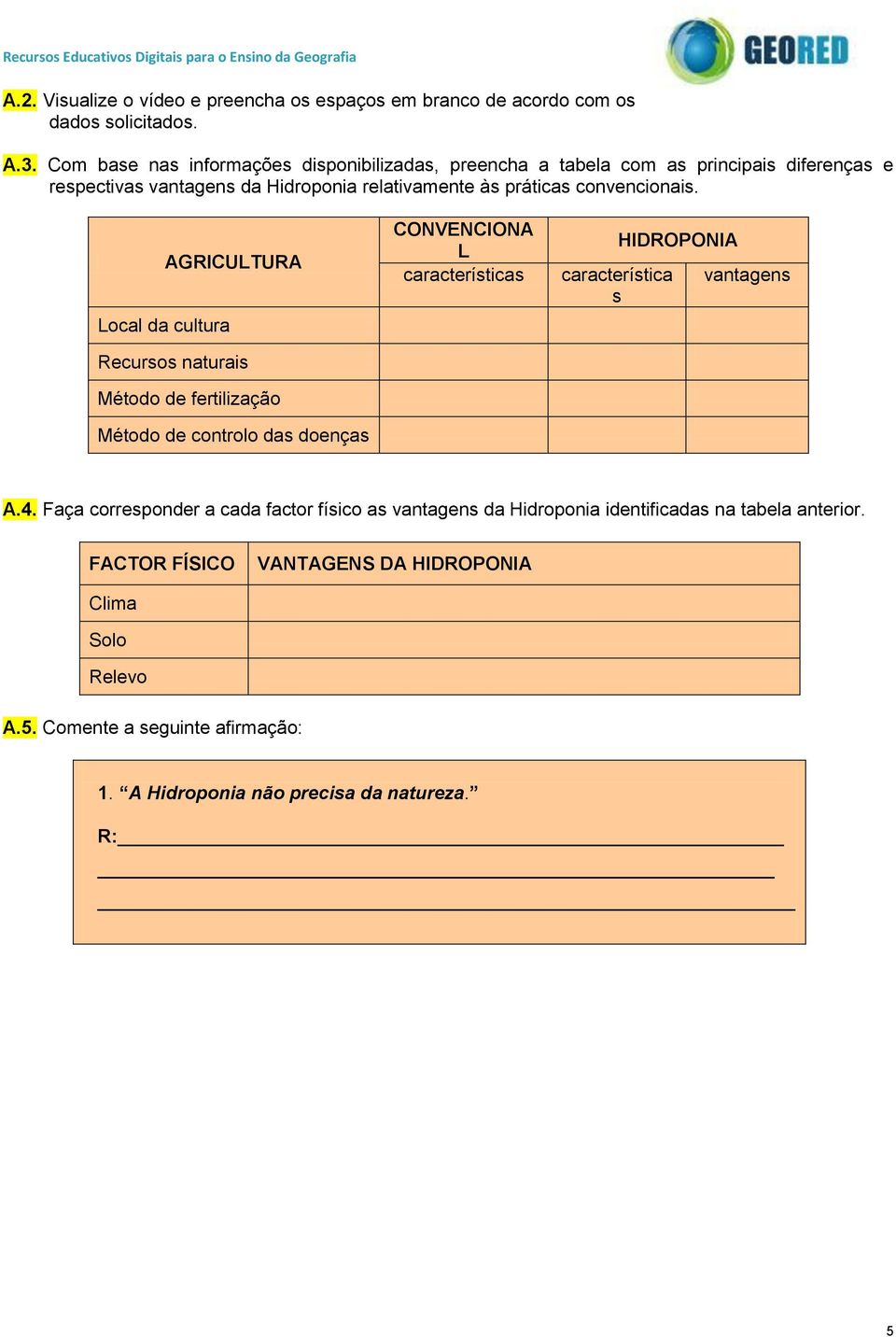 AGRICULTURA Local da cultura Recursos naturais Método de fertilização Método de controlo das doenças CONVENCIONA L características característica s HIDROPONIA