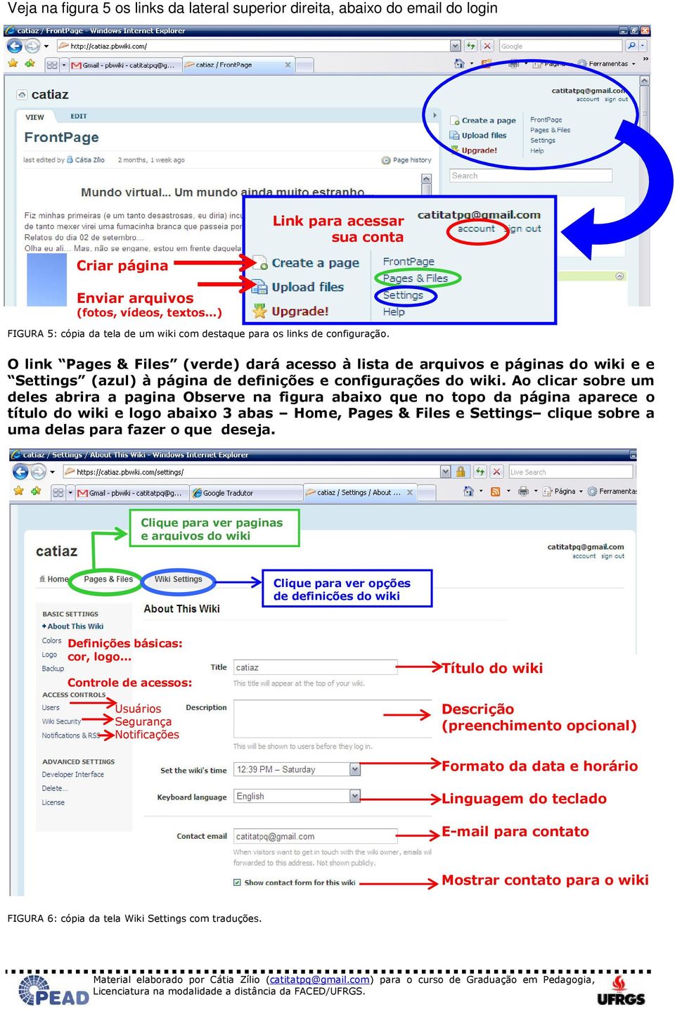 O link Pages & Files (verde) dará acesso à lista de arquivos e páginas do wiki e e Settings (azul) à página de definições e configurações do wiki.