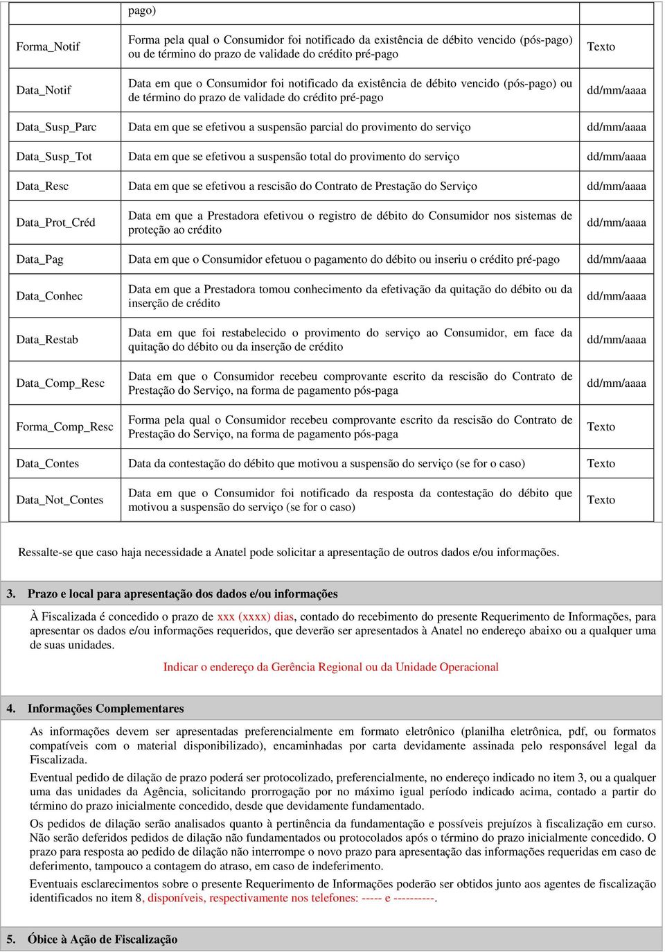 serviço dd/mm/aaaa Data_Susp_Tot Data em que se efetivou a suspensão total do provimento do serviço dd/mm/aaaa Data_Resc Data em que se efetivou a rescisão do Contrato de Prestação do Serviço