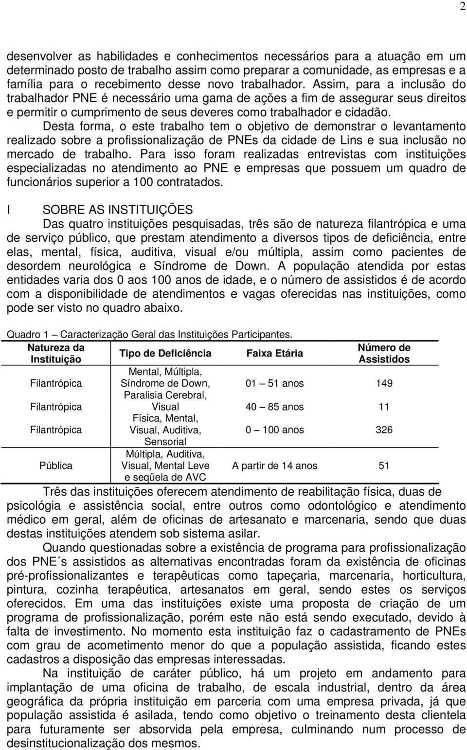 Desta forma, o este trabalho tem o objetivo de demonstrar o levantamento realizado sobre a profissionalização de PNEs da cidade de Lins e sua inclusão no mercado de trabalho.