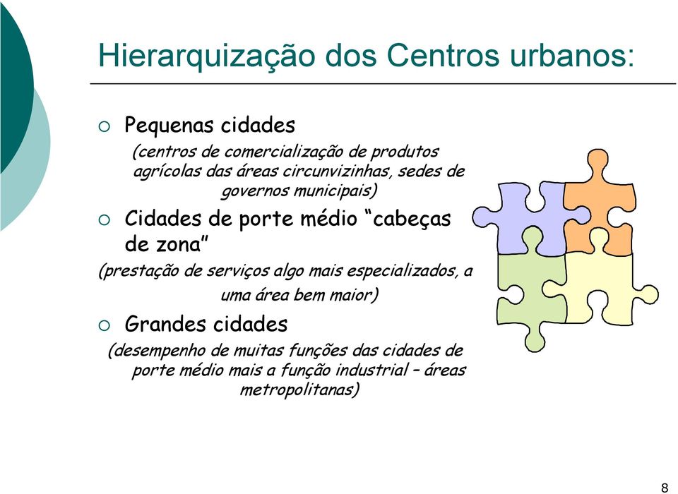 de zona (prestação de serviços algo mais especializados, a uma área bem maior) Grandes cidades