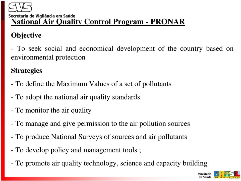 standards - To monitor the air quality - To manage and give permission to the air pollution sources - To produce National Surveys