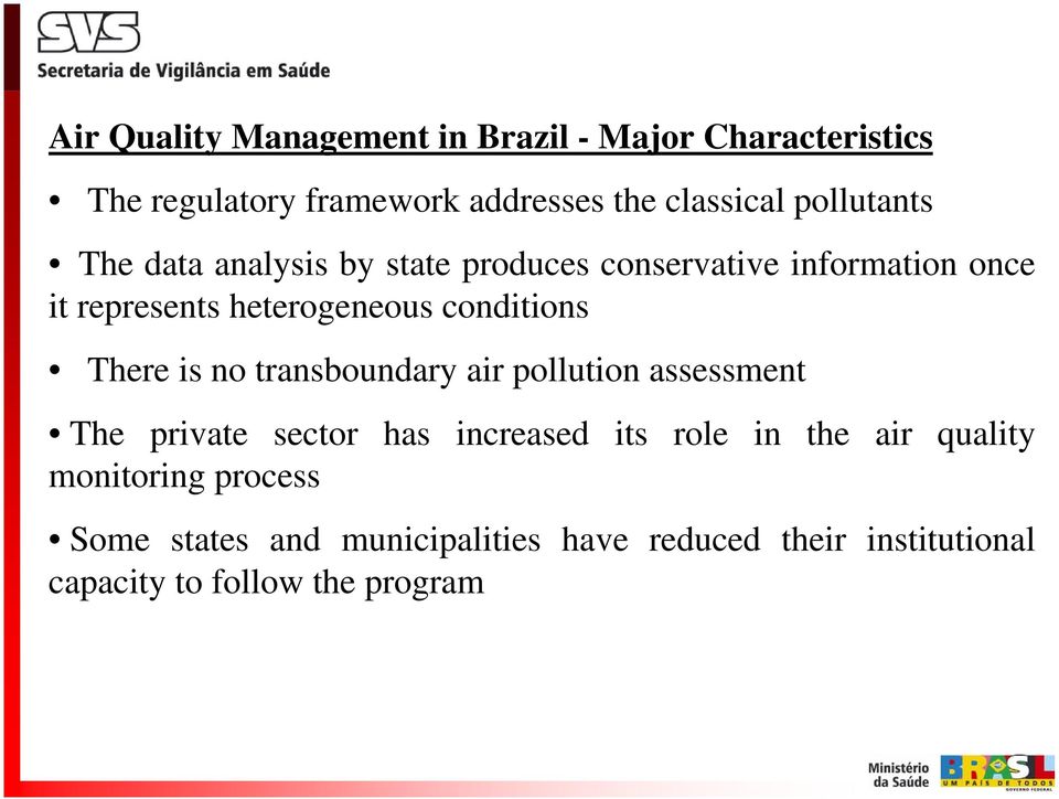 conditions There is no transboundary air pollution assessment The private sector has increased its role in the