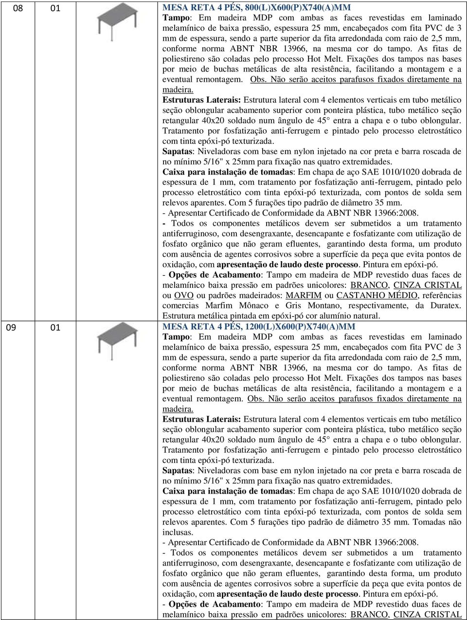 Fixações dos tampos nas bases por meio de buchas metálicas de alta resistência, facilitando a montagem e a eventual remontagem. Obs. Não serão aceitos parafusos fixados diretamente na madeira.