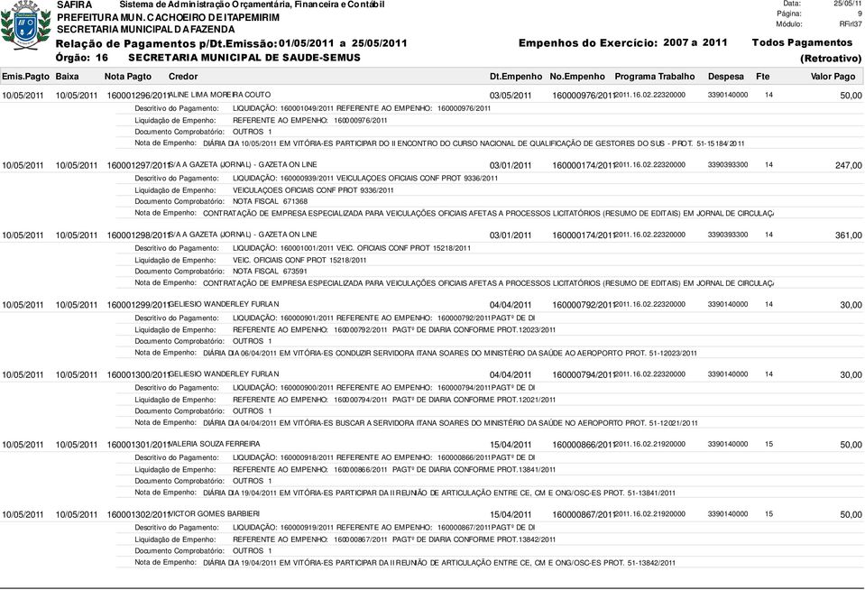 ENCONTRO DO CURSO NACIONAL DE QUALIFICAÇÃO DE GESTORES DO SUS - PROT. 51-15184/ 2011 10/05/2011 10/05/2011 160001297/2011 S/A A GAZETA (JORNAL) - GAZETA ON LINE 03/01/2011 160000174/2011 2011.16.02.