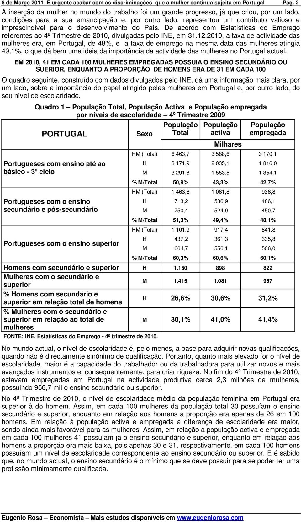 para o desenvolvimento do País. De acordo com Estatísticas do Emprego referentes ao 4º Trimestre de 2010, divulgadas pelo INE, em 31.12.