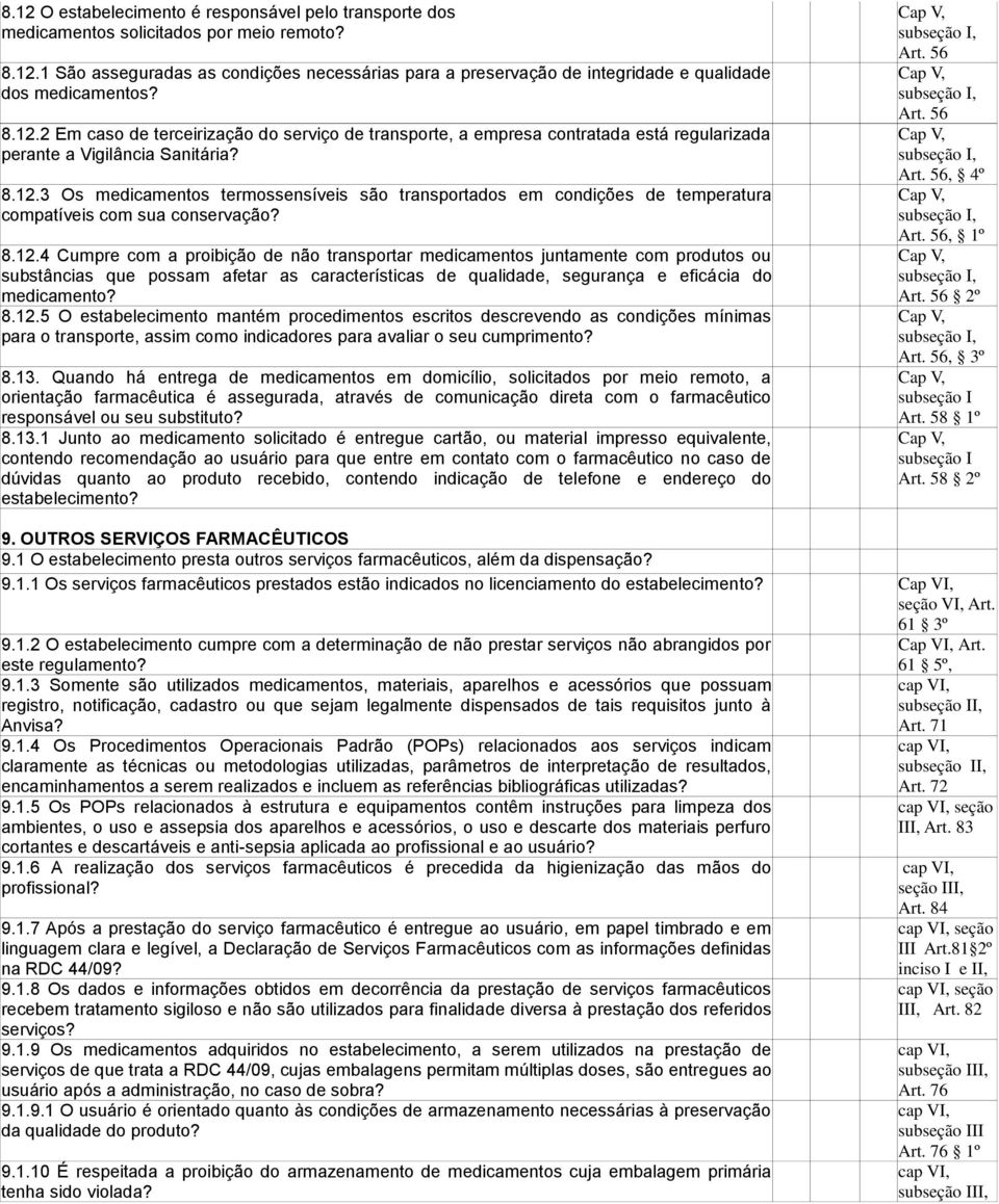 8.12.4 Cumpre com a proibição de não transportar medicamentos juntamente com produtos ou substâncias que possam afetar as características de qualidade, segurança e eficácia do medicamento? 8.12.5 O estabelecimento mantém procedimentos escritos descrevendo as condições mínimas para o transporte, assim como indicadores para avaliar o seu cumprimento?