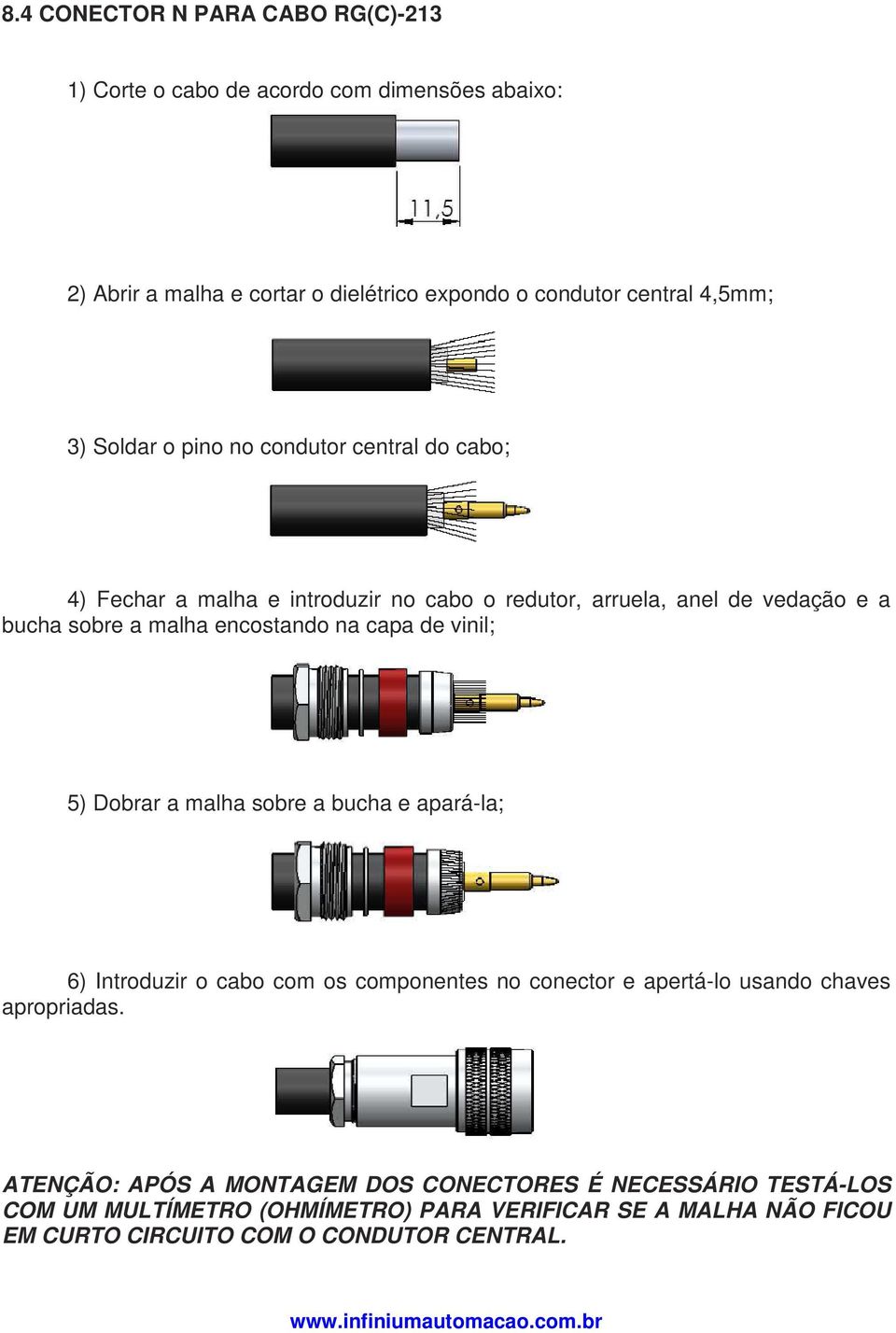 capa de vinil; 5) Dobrar a malha sobre a bucha e apará-la; 6) Introduzir o cabo com os componentes no conector e apertá-lo usando chaves apropriadas.