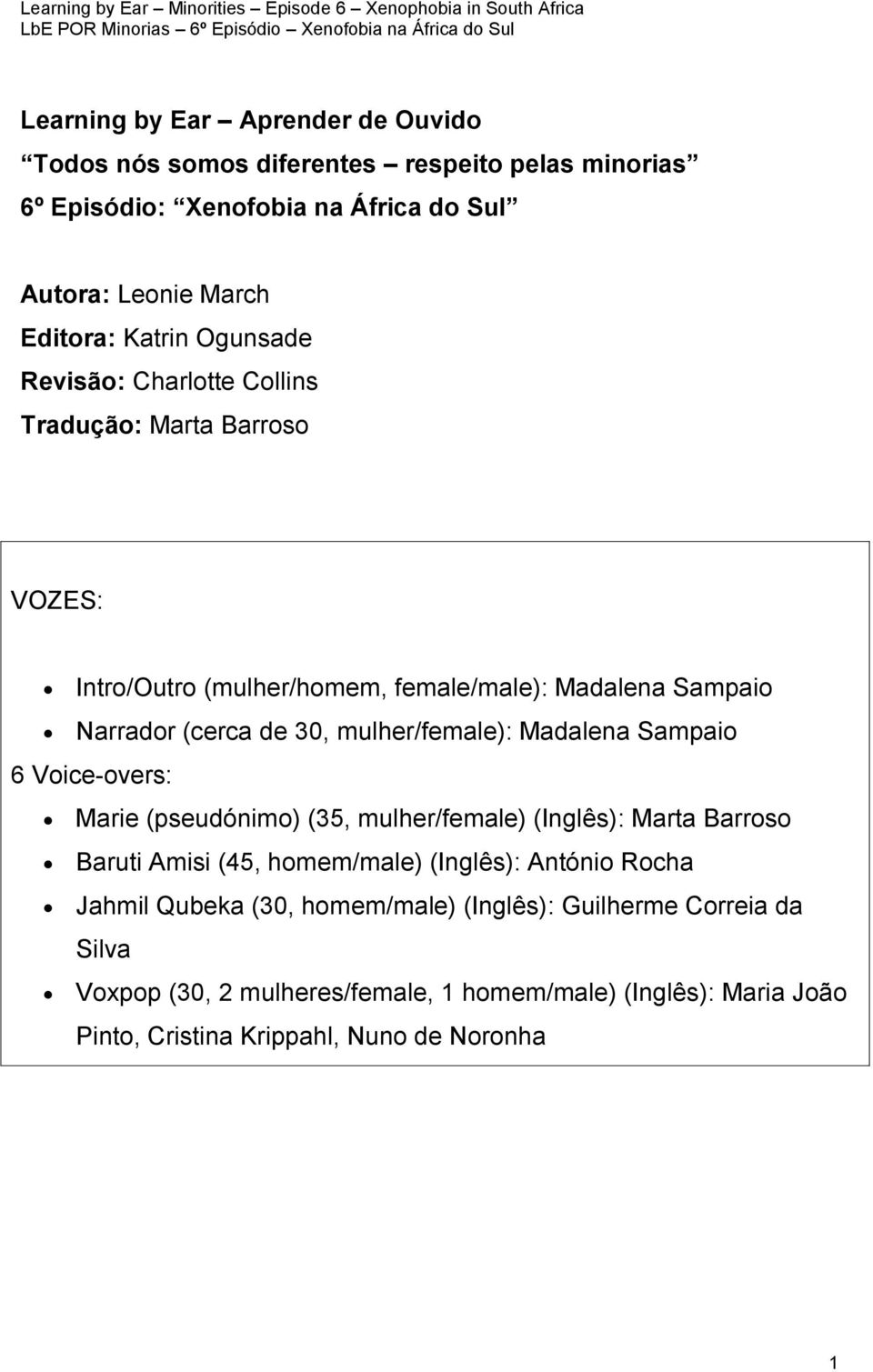 Madalena Sampaio 6 Voice-overs: Marie (pseudónimo) (35, mulher/female) (Inglês): Marta Barroso Baruti Amisi (45, homem/male) (Inglês): António Rocha Jahmil Qubeka
