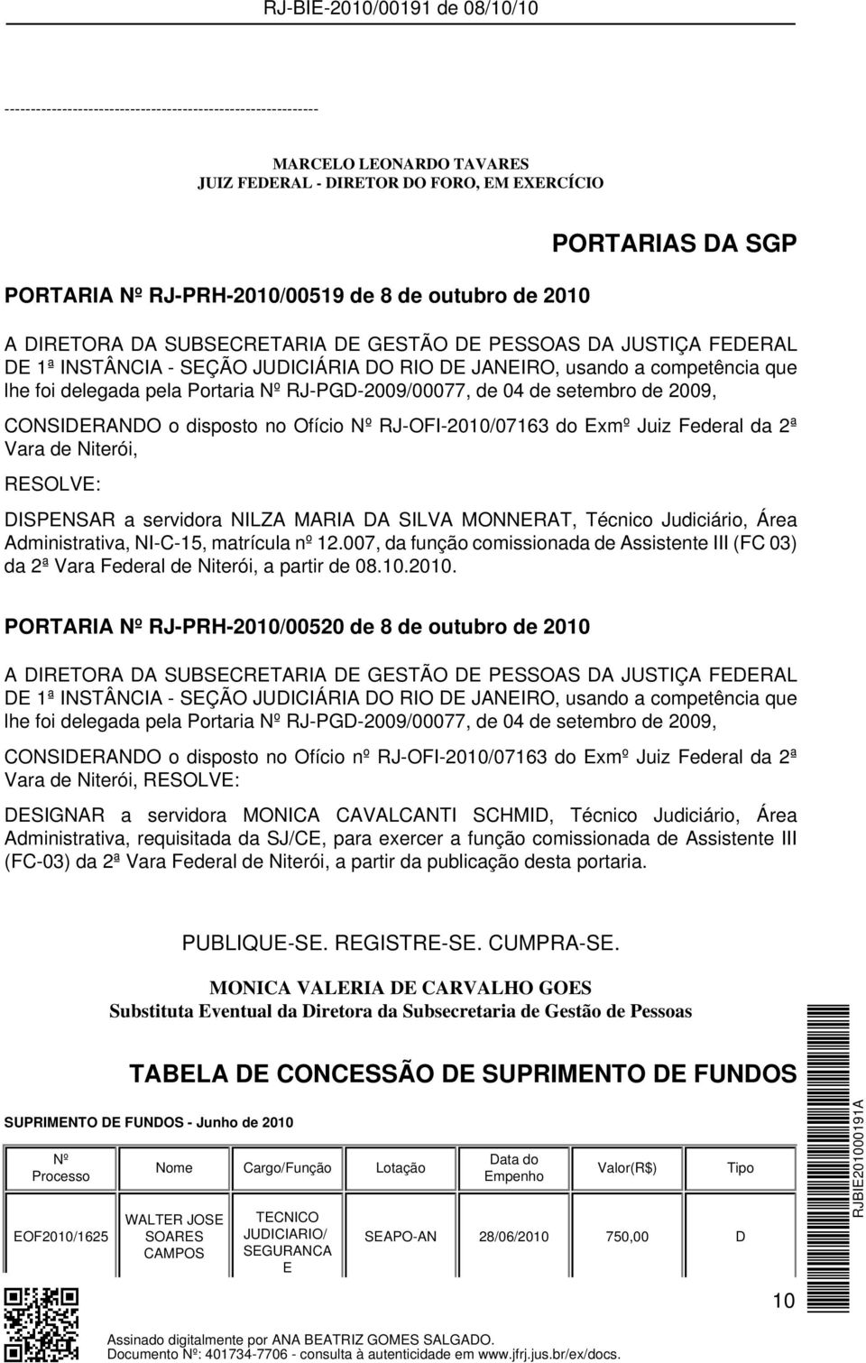 setembro de 2009, CONSIDERANDO o disposto no Ofício Nº RJ-OFI-2010/07163 do Exmº Juiz Federal da 2ª Vara de Niterói, DISPENSAR a servidora NILZA MARIA DA SILVA MONNERAT, Técnico Judiciário, Área