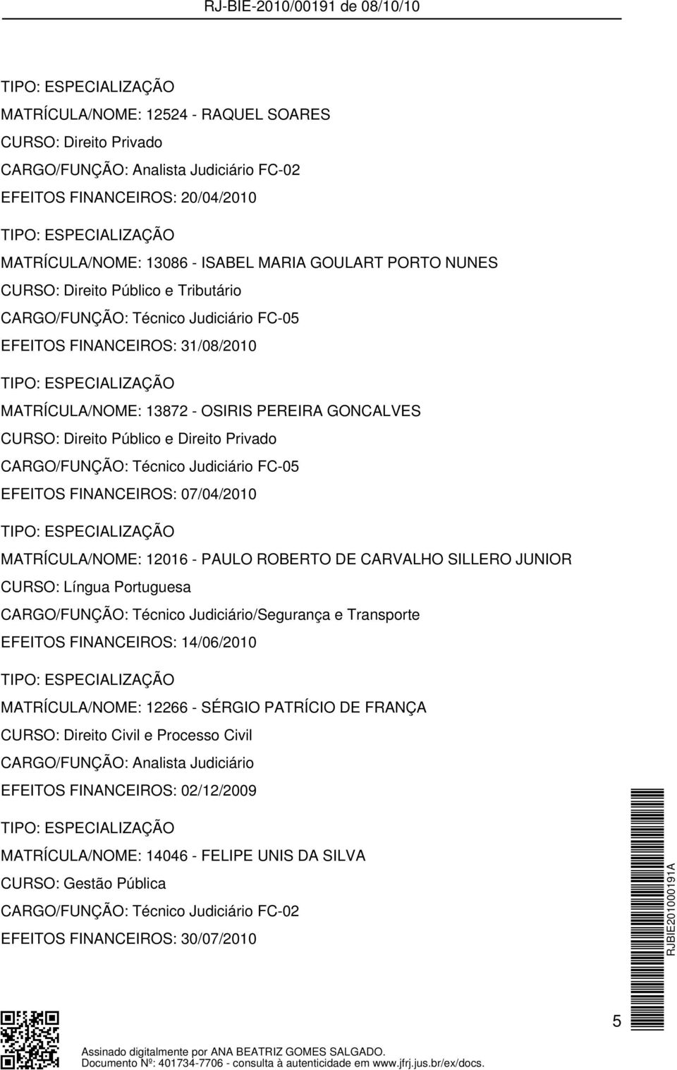12016 - PAULO ROBERTO DE CARVALHO SILLERO JUNIOR CURSO: Língua Portuguesa CARGO/FUNÇÃO: Técnico Judiciário/Segurança e Transporte EFEITOS FINANCEIROS: 14/06/2010 MATRÍCULA/NOME: 12266 - SÉRGIO