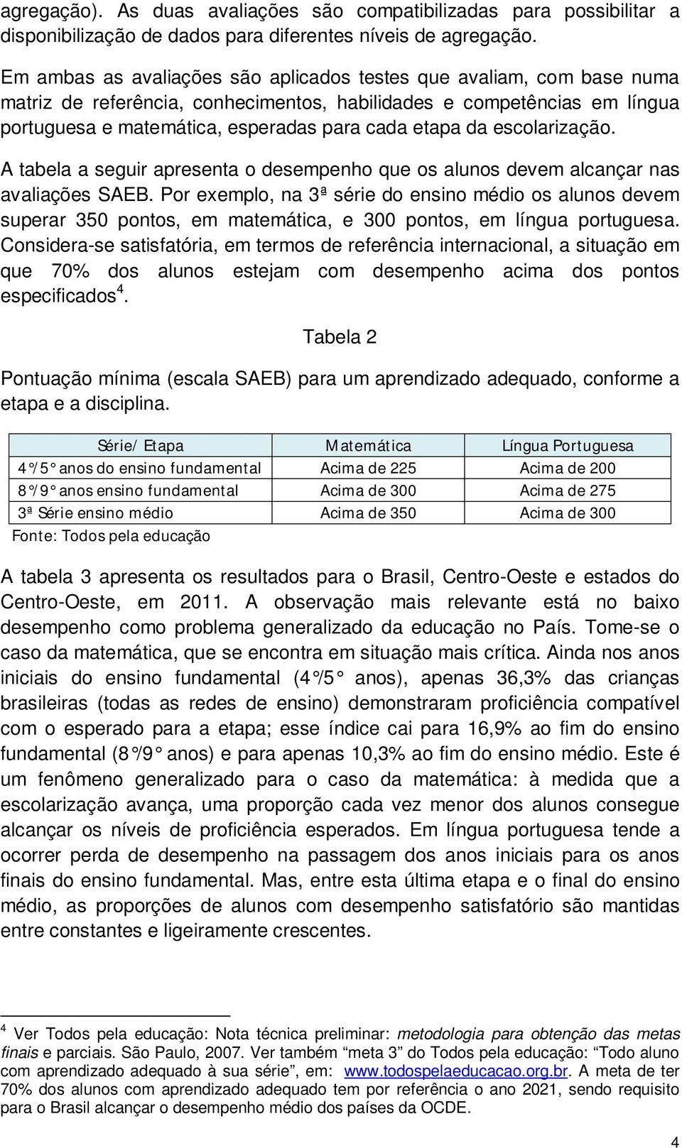 escolarização. A tabela a seguir apresenta o desempenho que os alunos devem alcançar nas avaliações SAEB.