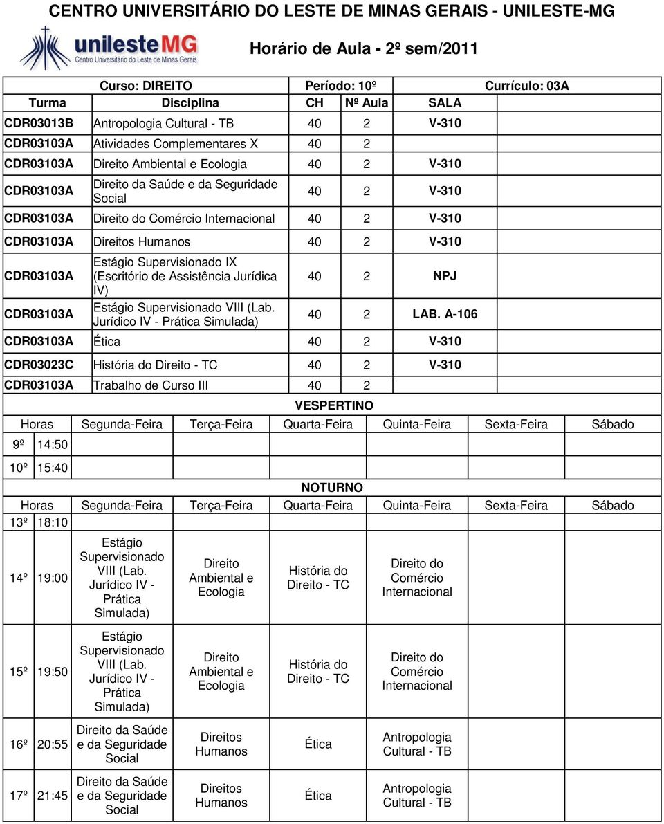 Jurídico IV - 40 2 NPJ 40 2 LAB. A-106 CDR03103A Ética 40 2 V-310 CDR03023C História do - TC 40 2 V-310 CDR03103A Trabalho de Curso III 40 2 VESPERTINO 9º 14:50 10º 15:40 VIII (Lab.