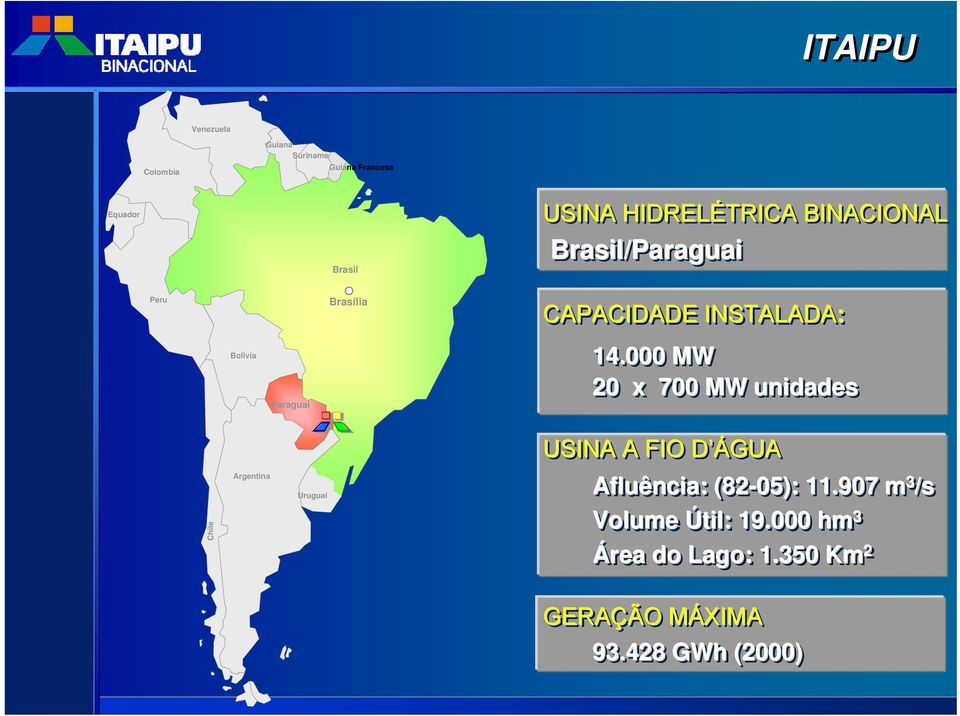 000 MW 20 x 700 MW unidades Chile Argentina Uruguai USINA A FIO D ÁGUA Afluência: : (82-05):