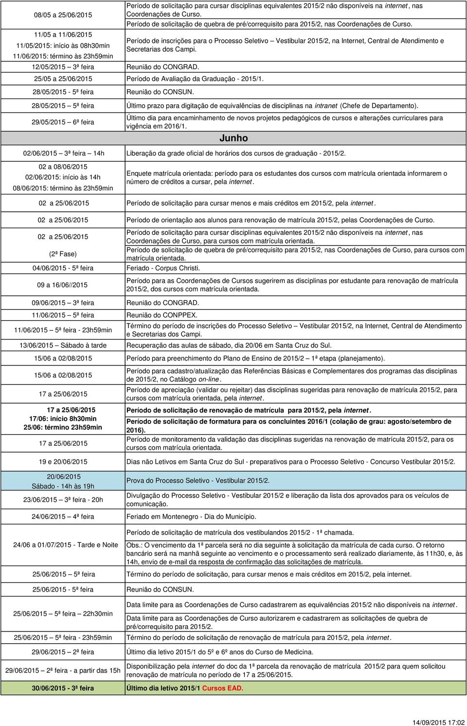 Período de solicitação de quebra de pré/correquisito para 2015/2, nas Coordenações de Curso. 25/05 a 25/06/2015 Período de Avaliação da Graduação - 2015/1. 28/05/2015-5ª feira Reunião do CONSUN.