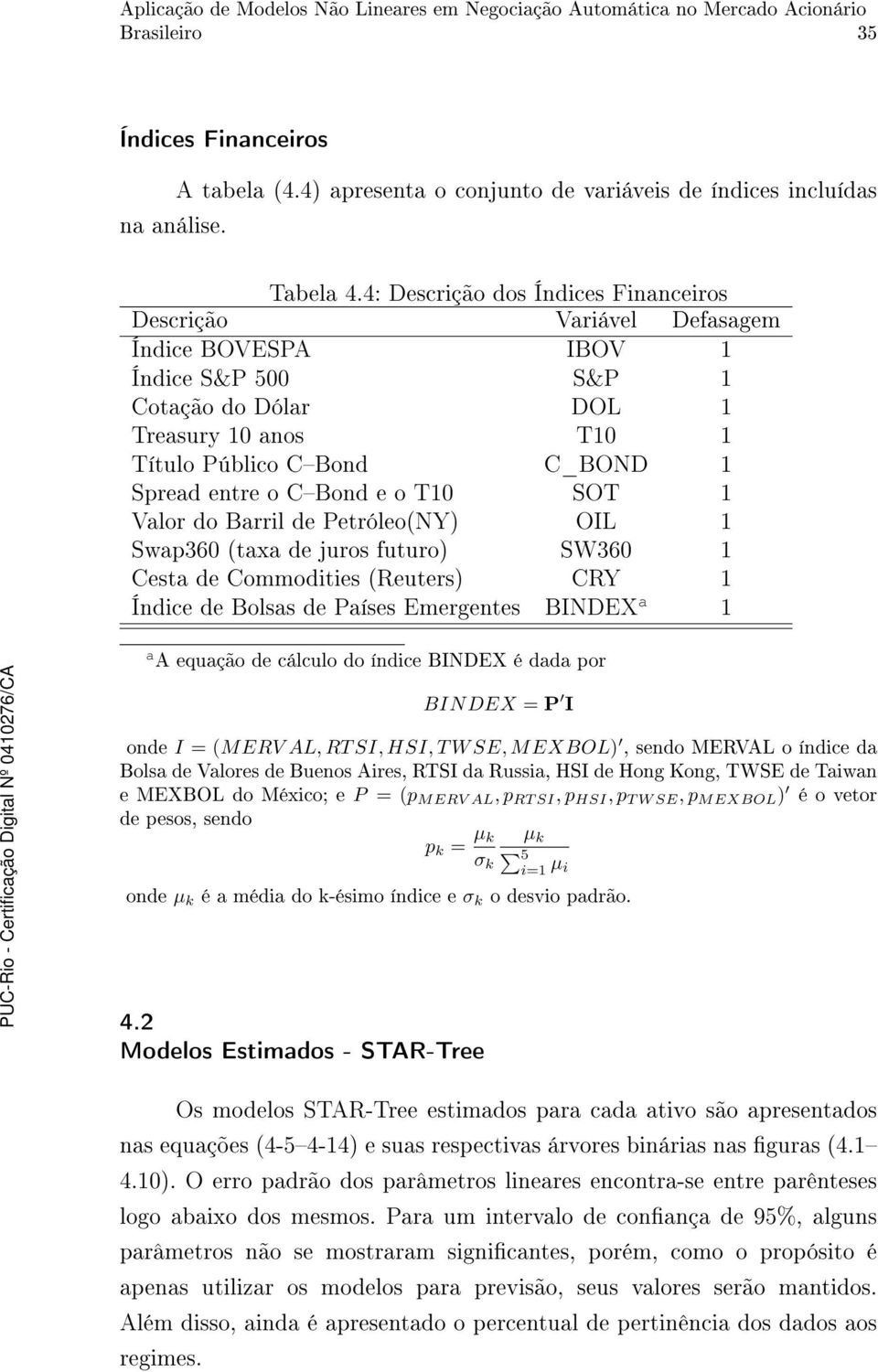 CBond e o T10 SOT 1 Valor do Barril de Petróleo(NY) OIL 1 Swap360 (taxa de juros futuro) SW360 1 Cesta de Commodities (Reuters) CRY 1 Índice de Bolsas de Países Emergentes BINDEX 1 A equação de