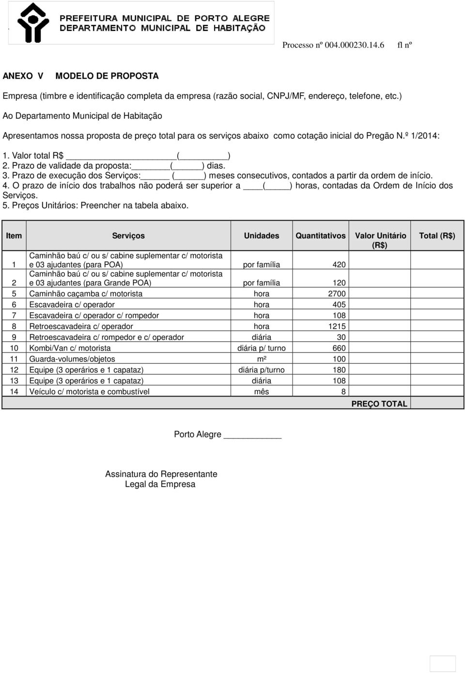 Prazo de validade da proposta: ( ) dias. 3. Prazo de execução dos Serviços: ( ) meses consecutivos, contados a partir da ordem de início. 4.