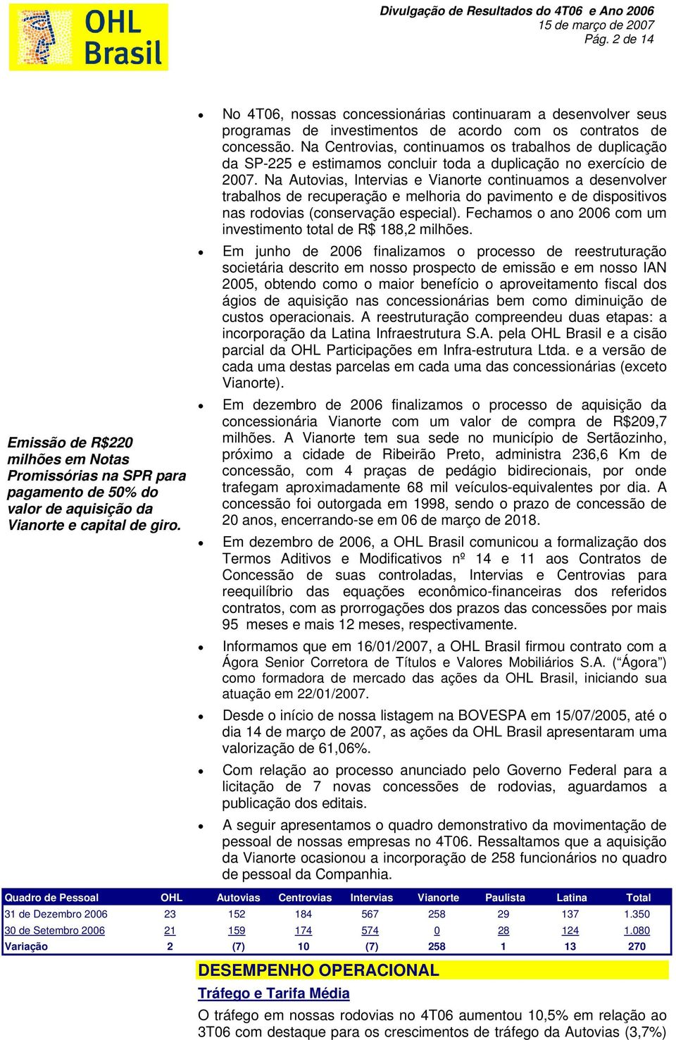 Na Centrovias, continuamos os trabalhos de duplicação da SP-225 e estimamos concluir toda a duplicação no exercício de 2007.