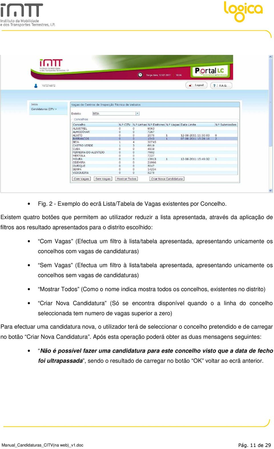 lista/tabela apresentada, apresentando unicamente os concelhos com vagas de candidaturas) Sem Vagas (Efectua um filtro à lista/tabela apresentada, apresentando unicamente os concelhos sem vagas de