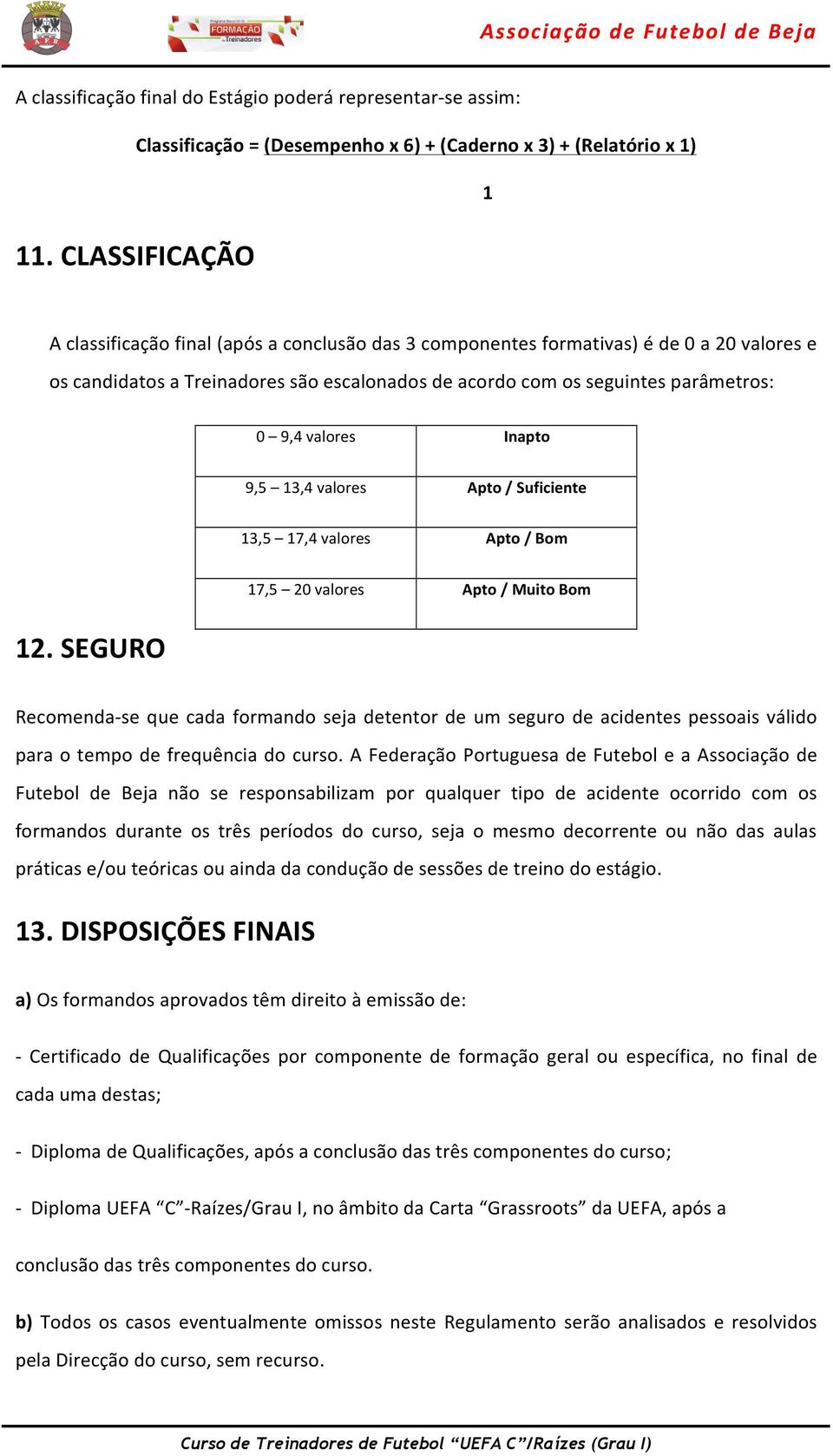 valores Inapto 9,5 13,4 valores Apto / Suficiente 13,5 17,4 valores Apto / Bom 12.