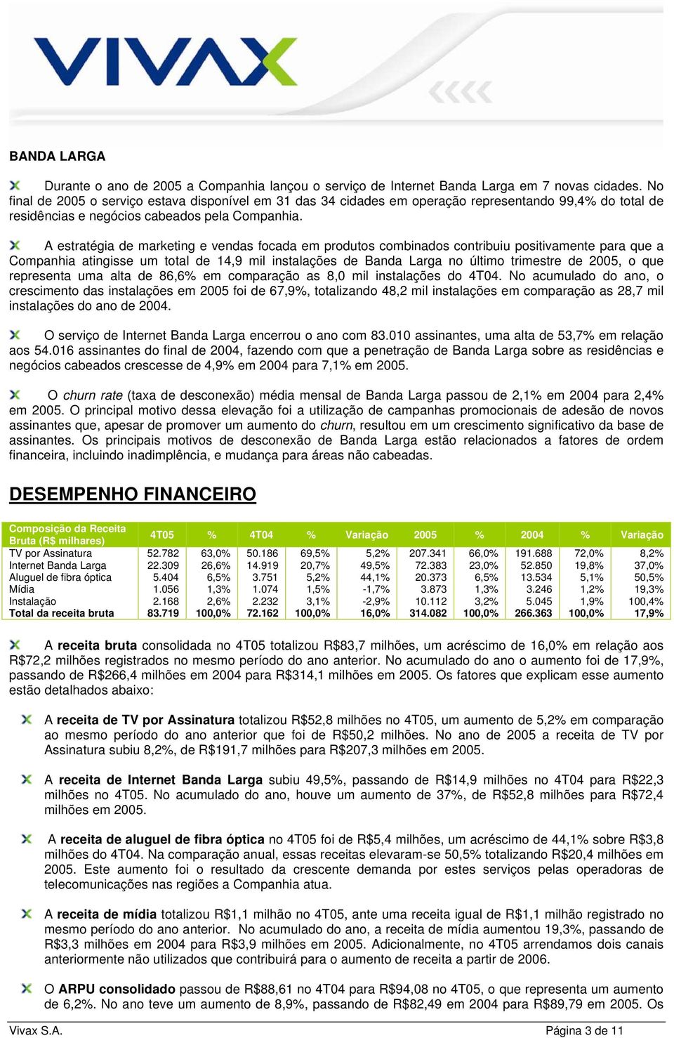 A estratégia de marketing e vendas focada em produtos combinados contribuiu positivamente para que a Companhia atingisse um total de 14,9 mil instalações de Banda Larga no último trimestre de 2005, o