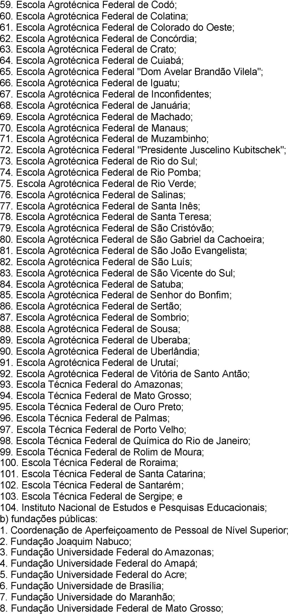 Escola Agrotécnica Federal de Inconfidentes; 68. Escola Agrotécnica Federal de Januária; 69. Escola Agrotécnica Federal de Machado; 70. Escola Agrotécnica Federal de Manaus; 71.