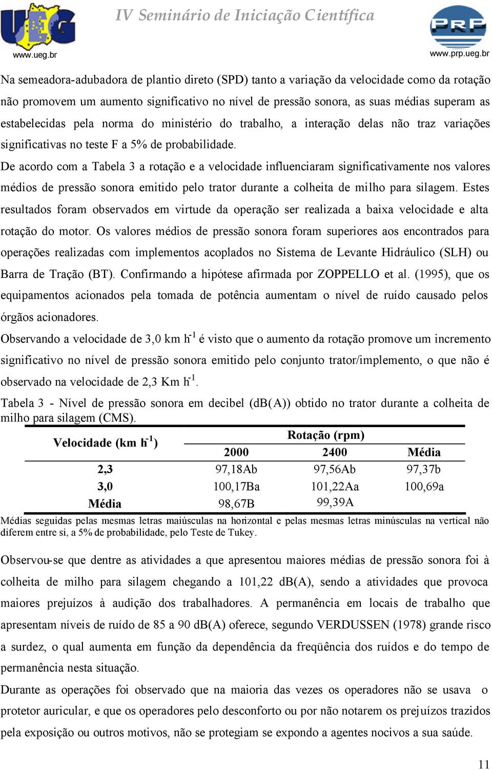 De acordo com a Tabela 3 a rotação e a velocidade influenciaram significativamente nos valores médios de pressão sonora emitido pelo trator durante a colheita de milho para silagem.