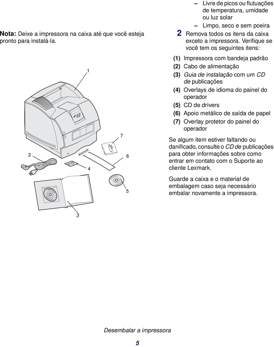 Verifique se você tem os seguintes itens: (1) Impressora com bandeja padrão (2) Cabo de alimentação (3) Guia de instalação com um CD de publicações (4) Overlays de idioma do painel do operador (5) CD