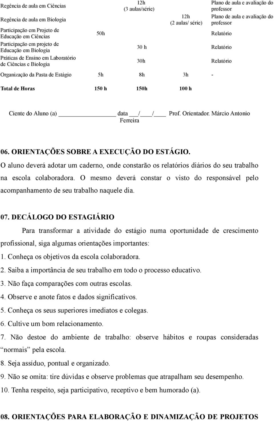 - Total de Horas 150 h 150h 100 h 30h Relatório Ciente do Aluno (a) data / / Prof. Orientador. Márcio Antonio Ferreira 06. ORIENTAÇÕES SOBRE A EXECUÇÃO DO ESTÁGIO.