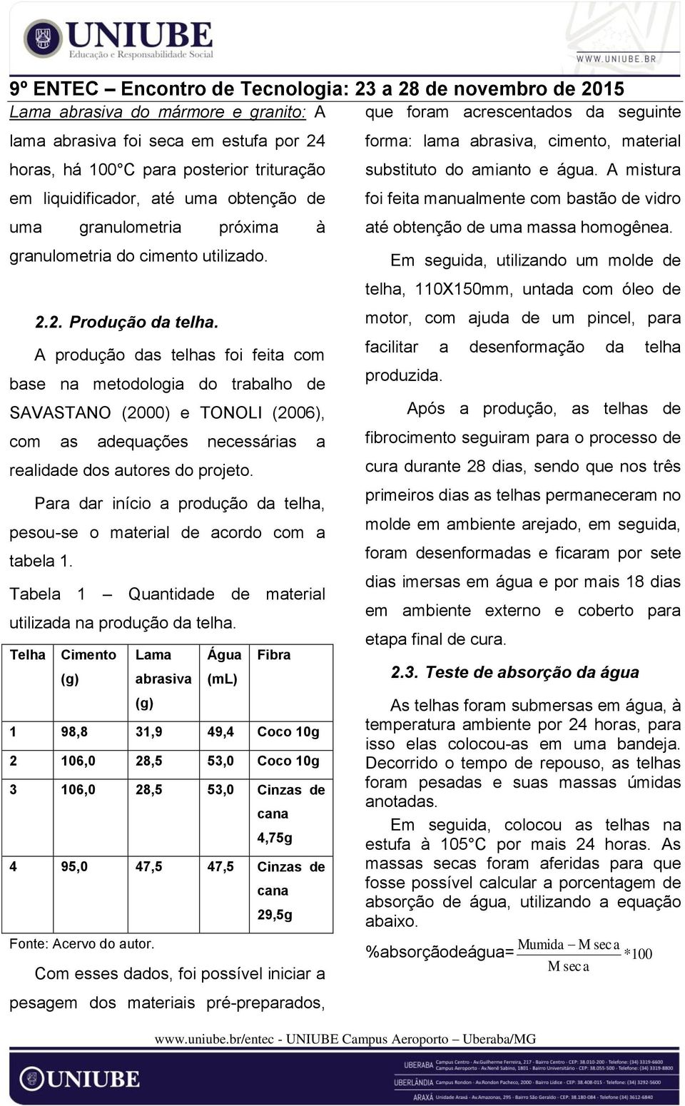 A produção das telhas foi feita com base na metodologia do trabalho de SAVASTANO (2000) e TONOLI (2006), com as adequações necessárias a realidade dos autores do projeto.