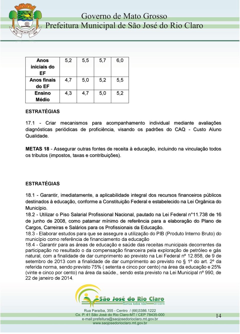 METAS 18 - Assegurar outras fontes de receita à educação, incluindo na vinculação todos os tributos (impostos, taxas e contribuições). 18.1 - Garantir, imediatamente, a aplicabilidade integral dos recursos financeiros públicos destinados à educação, conforme a Constituição Federal e estabelecido na Lei Orgânica do Município.