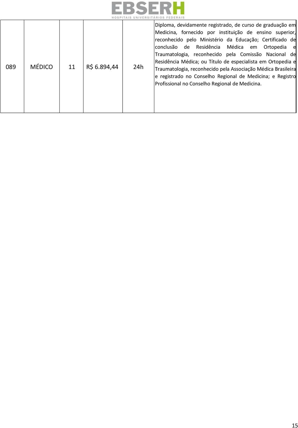 reconhecido pelo Ministério da Educação; Certificado de conclusão de Residência Médica em Ortopedia e Traumatologia, reconhecido