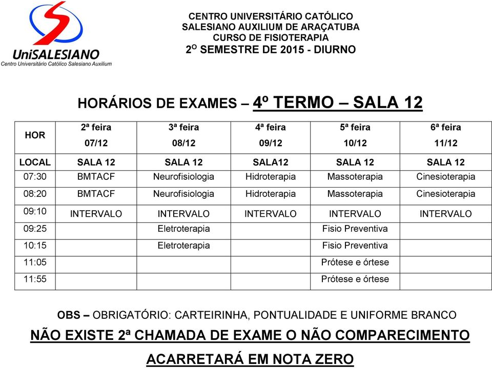 INTERVALO INTERVALO INTERVALO 09:25 Eletroterapia Fisio Preventiva 10:15 Eletroterapia Fisio Preventiva 11:05 Prótese e órtese 11:55