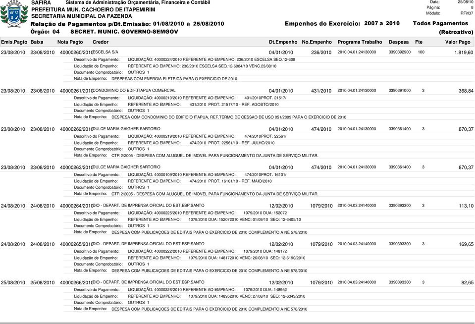 ITAPUA COMERCIAL 04/01/2010 431/2010 2010.04.01.24130000 3390391000 3 368,84 LIQUIDAÇÃO: 40000210/2010 REFERENTE AO EMPENHO: 431/2010PROT. 21517/ REFERENTE AO EMPENHO: 431/2010 PROT. 21517/10 - REF.