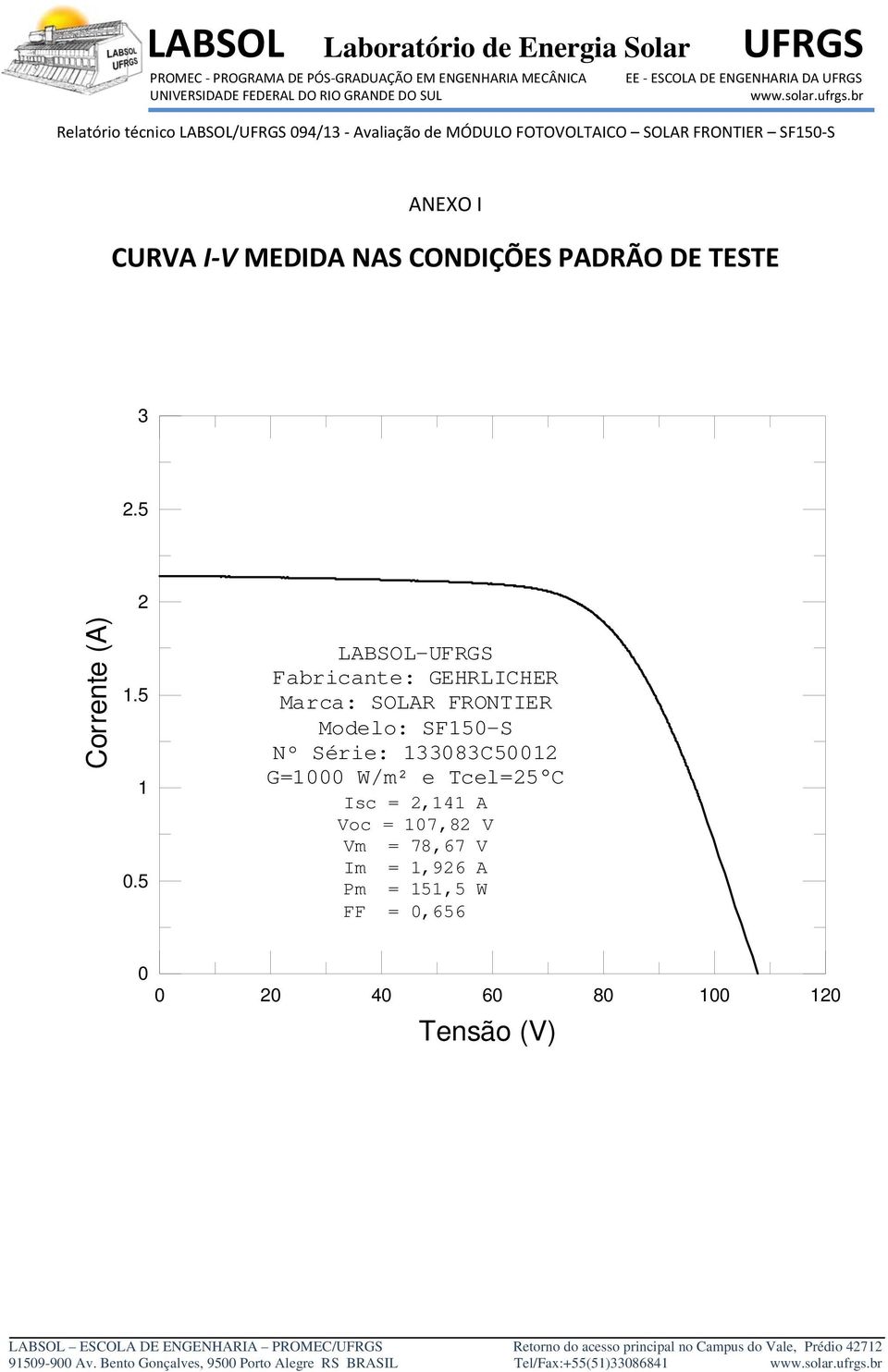 5 LABSOL-UFRGS Fabricante: GEHRLICHER Marca: SOLAR FRONTIER Modelo: SF150-S Nº Série: 133083C50012