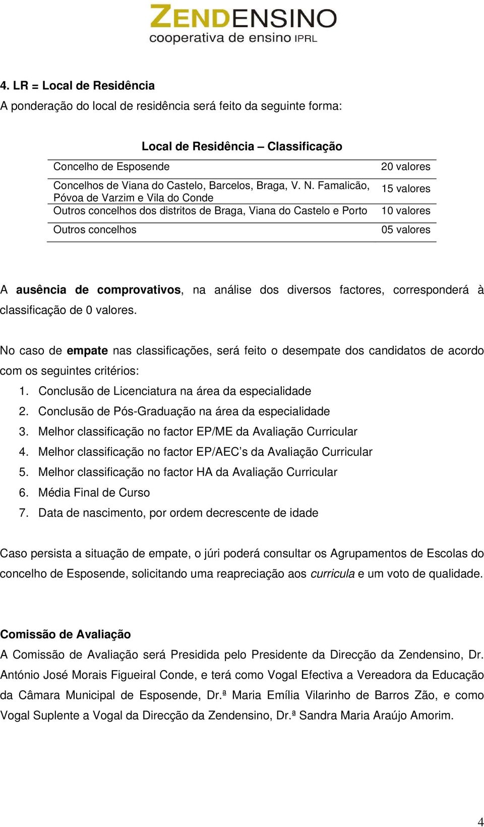 factores, corresponderá à classificação de 0 valores. No caso de empate nas classificações, será feito o desempate dos candidatos de acordo com os seguintes critérios: 1.