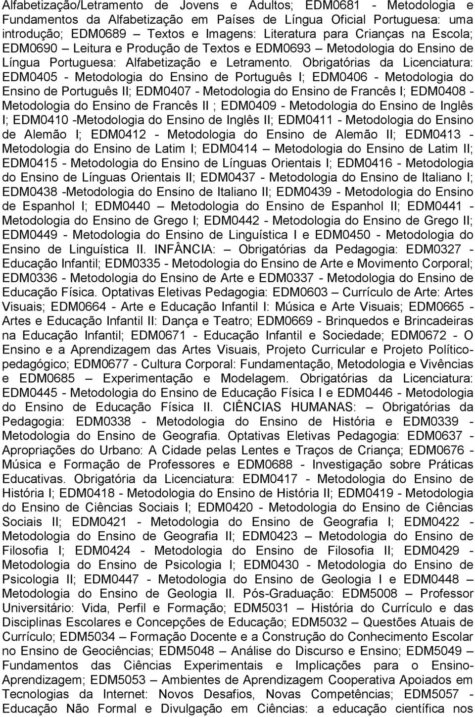 Obrigatórias da Licenciatura: EDM0405 - Metodologia do Ensino de Português I; EDM0406 - Metodologia do Ensino de Português II; EDM0407 - Metodologia do Ensino de Francês I; EDM0408 - Metodologia do