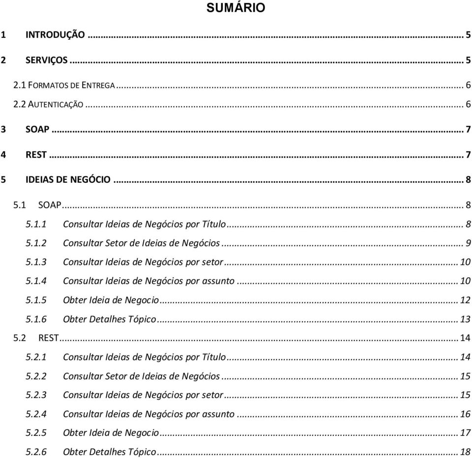 .. 12 5.1.6 Obter Detalhes Tópico... 13 5.2 REST... 14 5.2.1 Consultar Ideias de Negócios por Título... 14 5.2.2 Consultar Setor de Ideias de Negócios... 15 5.2.3 Consultar Ideias de Negócios por setor.