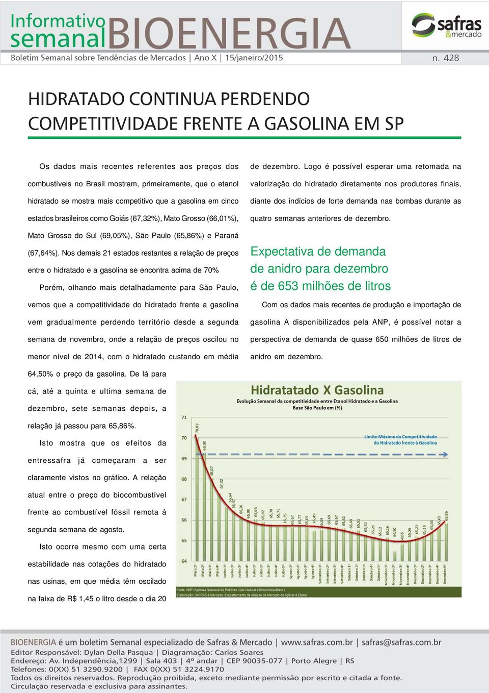mostra mais competitivo que a gasolina em cinco estados brasileiros como Goiás (67,32%), Mato Grosso (66,01%), Mato Grosso do Sul (69,05%), São Paulo (65,86%) e Paraná (67,64%).