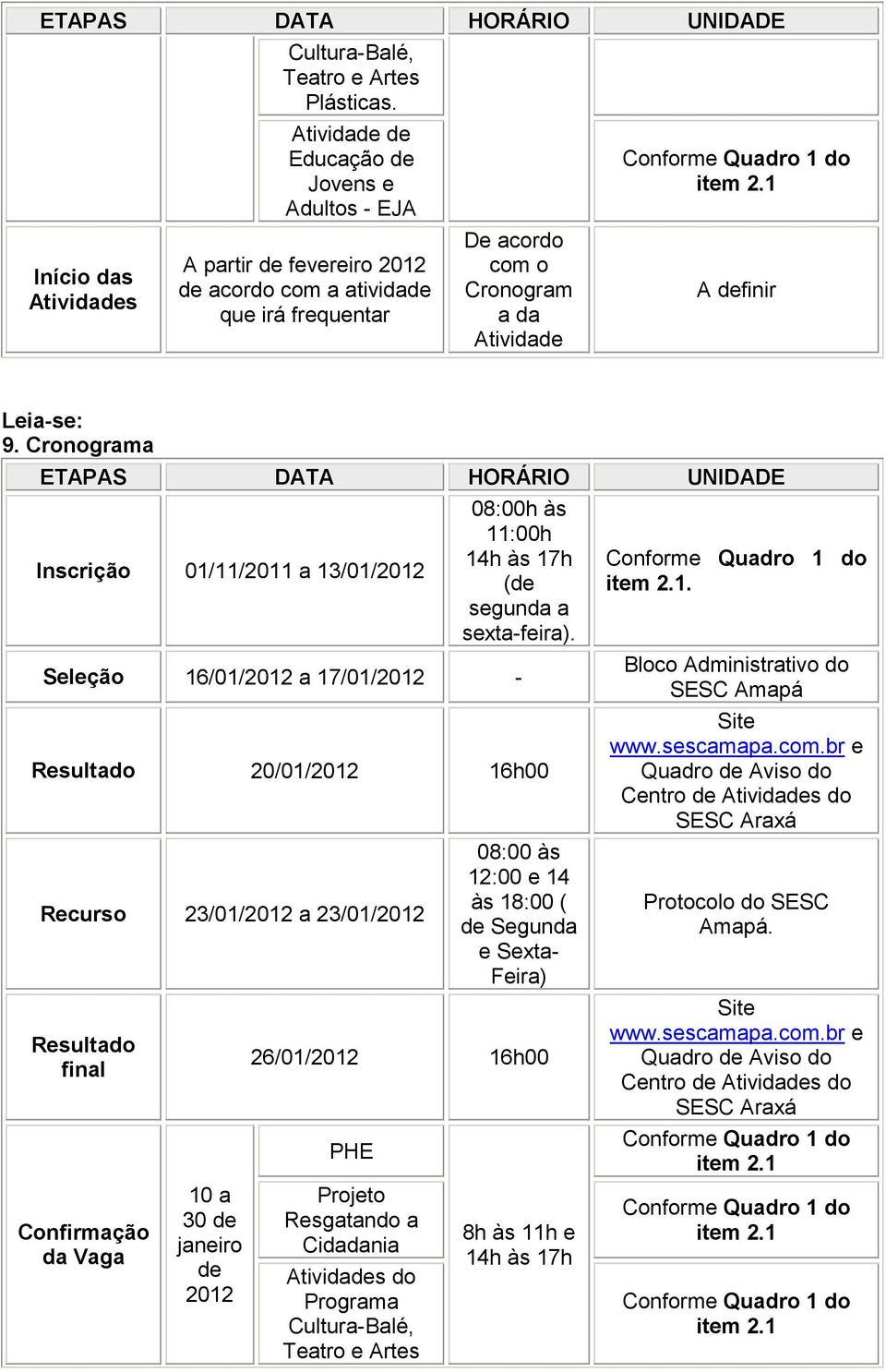 Cronograma ETAPAS DATA HORÁRIO UNIDADE Inscrição 01/11/2011 a 13/01/2012 08:00h às 11:00h 14h às 17h (de segunda a sexta-feira).