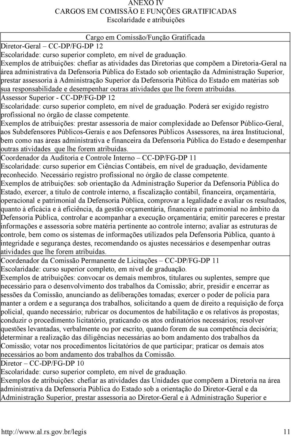 Exemplos de atribuições: chefiar as atividades das Diretorias que compõem a Diretoria-Geral na área administrativa da Defensoria Pública do Estado sob orientação da Administração Superior, prestar