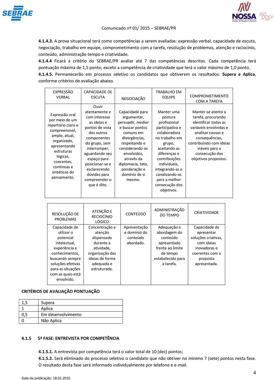 raciocínio, conteúdo, administração tempo e criatividade. 4.1.4.4 Ficará a critério do SEBRAE/PR avaliar até 7 das competências descritas.